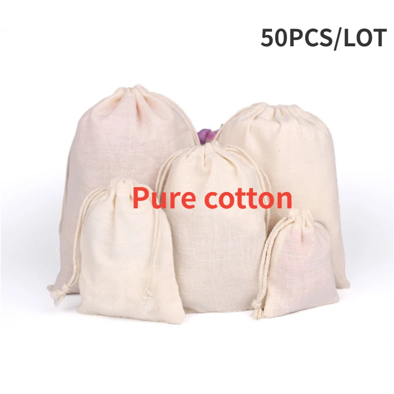 

50Pcs/Lot Cotton Drawstring Storage Bags Christms Wedding Gift DIY Plain Pouch Reusable Home Organize Dustbag 10x15 13x18 15x20