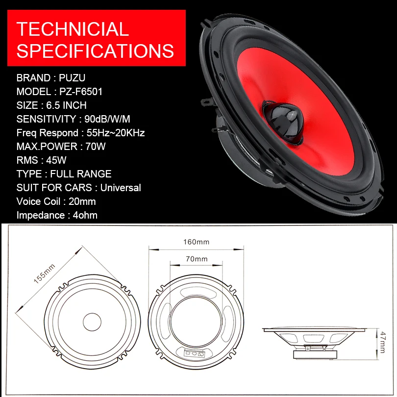 2pcs 6.5Inch Car Audio Speaker 90W Full Range Frequency Heavy Mid-bass Ultra-thin Modified Speakers Non-destructive Installation