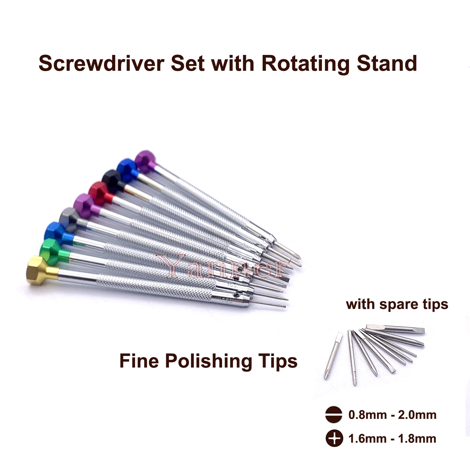 A+ Watch Repair  9 pcs Screwdriver Set  with Rotating Stand and Replacing Tips Flat Head and Phillips Head Watch Tool Kits