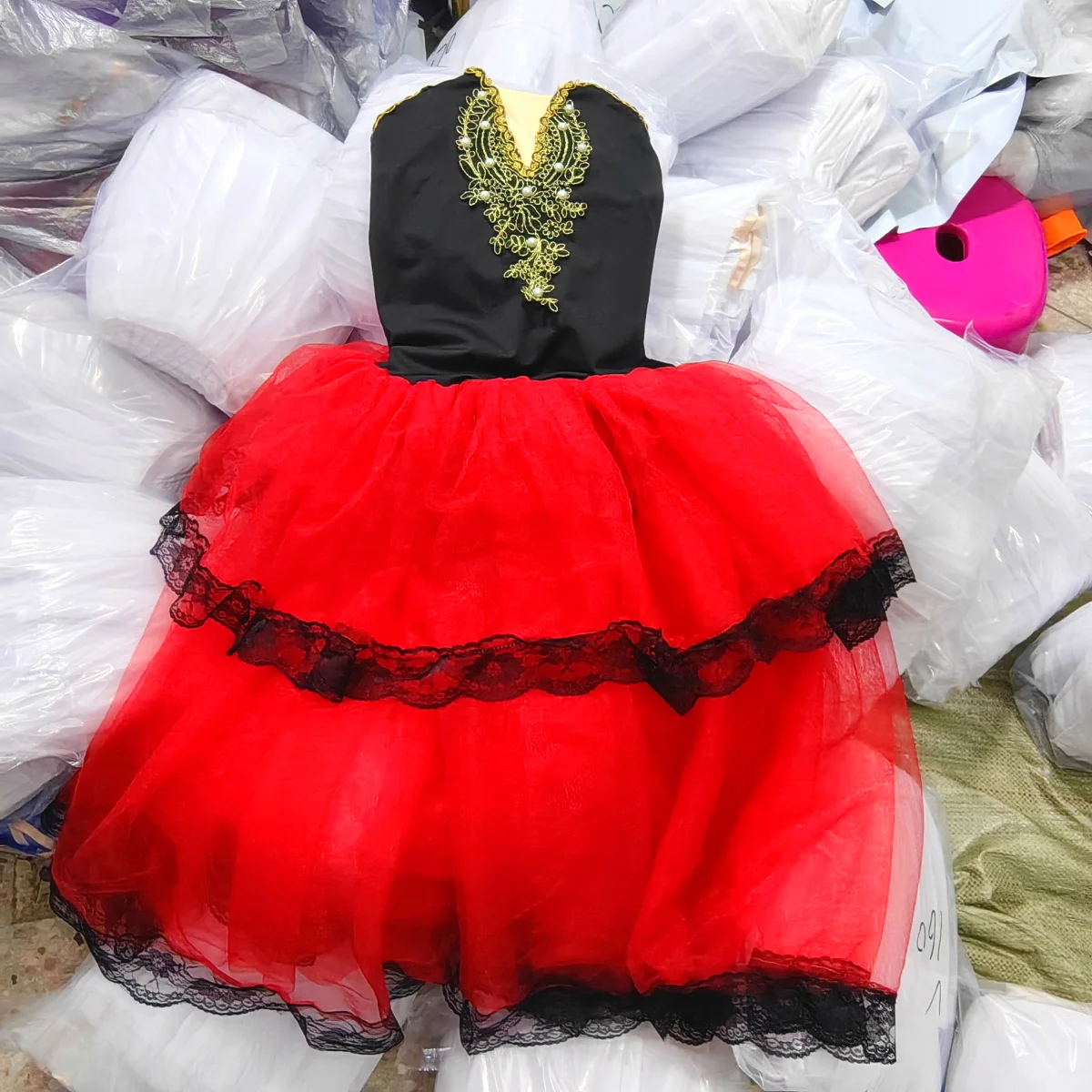 Spainish Red Ballet Tutu Skirt For Girls Soft Tulle Long Dress Performance Costumes