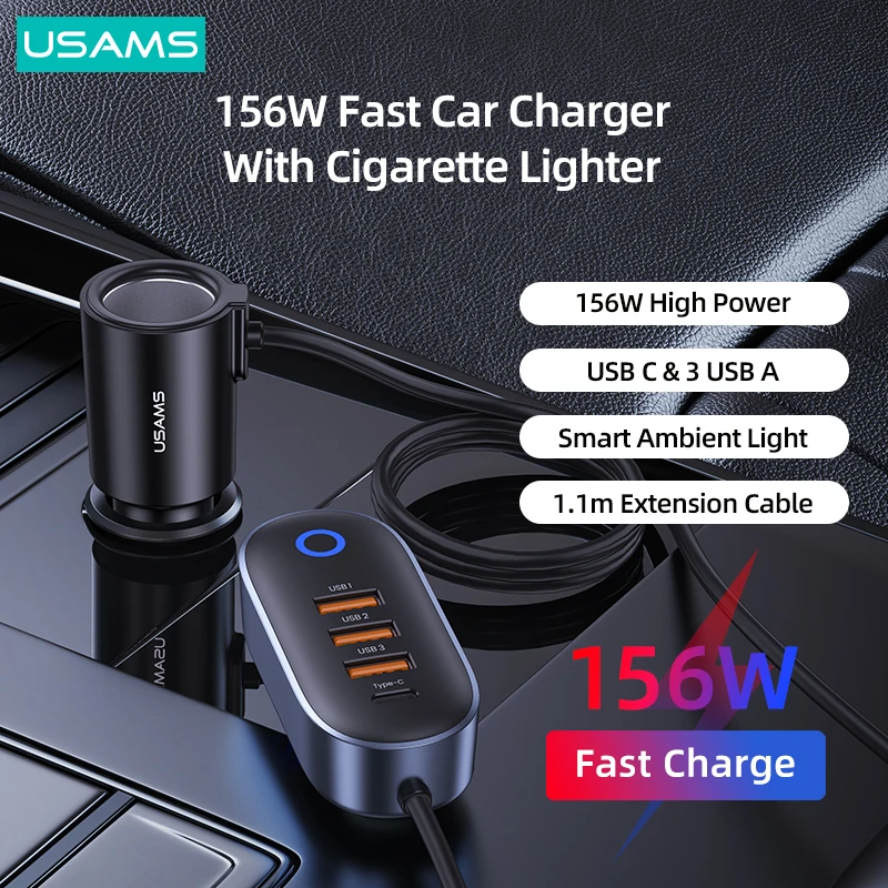 Perth afbreken Wiskundige Usams 156W Snelle Autolader Met 1.1M Verlengkabel Voor Iphone Ipad 4  Poorten Usb Een C Quick charger Huawei Xiaomi Samsung Oppo| | - AliExpress