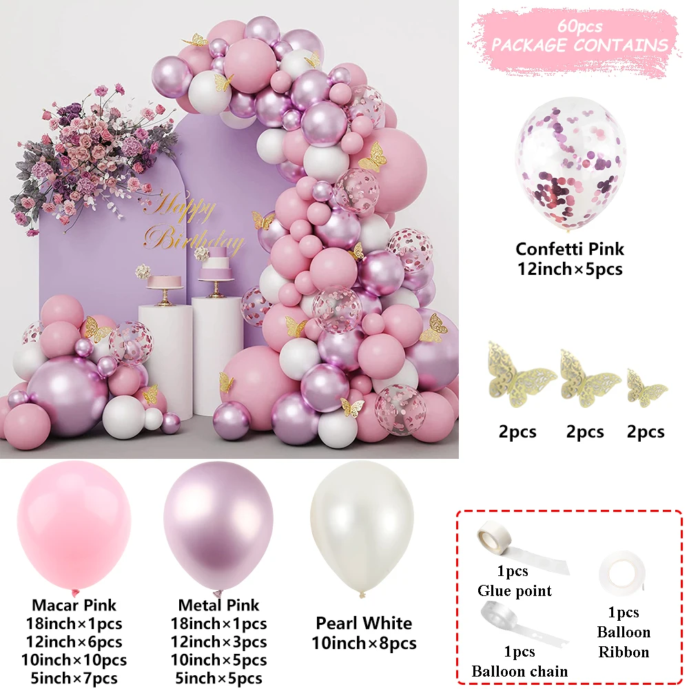 Butterfly Balloon Arch White Pink Confetti Metal Balloons Set Girl Birthday Decoration Party Supplies Wedding Globos Baby Shower