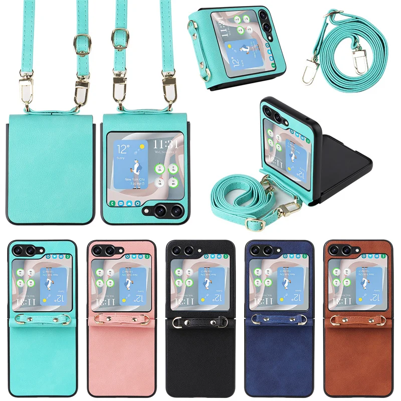 

Suit For Samsung Galaxy Z Flip 5 anti slip phone case for Galaxy Z Flip 4 3 5G piece lambskin lanyard leather PU leather case