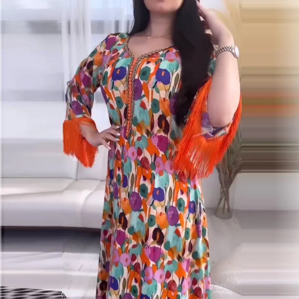 Muslim Dress Dubai Luxury Print Casual Abayas for Women Jalabiya 2024 New Morocco Party Tassel Dresses Kaftan Islam Vestido Arab