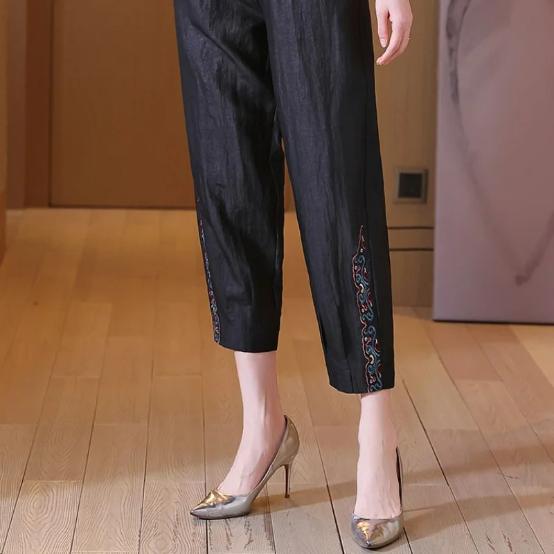 Summer Thin Women Black Harun Pants New Fashion Big Size Vintage Embroidery Elastic High Waist Loose Casual Straight Trousers