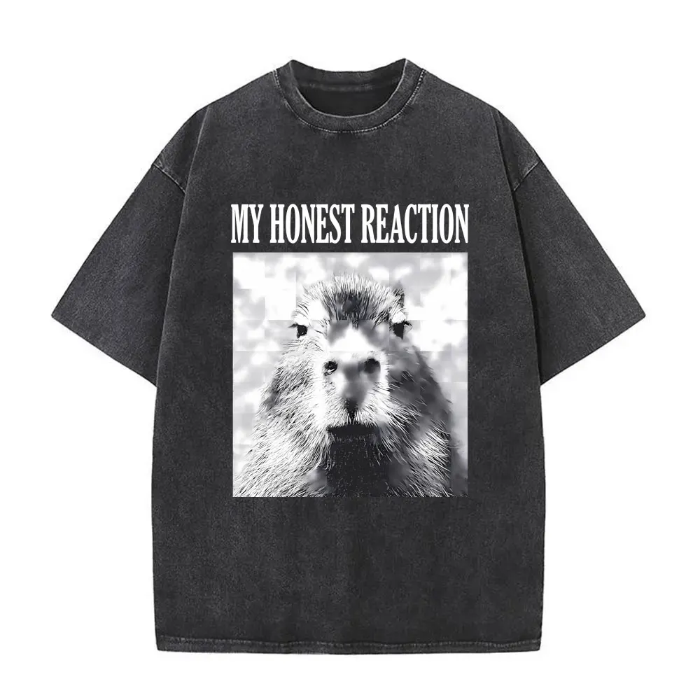 

My Honest Reaction Washed Vintage Cute Funny Capybara Graphic Print T Shirt Men Women Casual Oversized T-shirt Male Cotton Tees