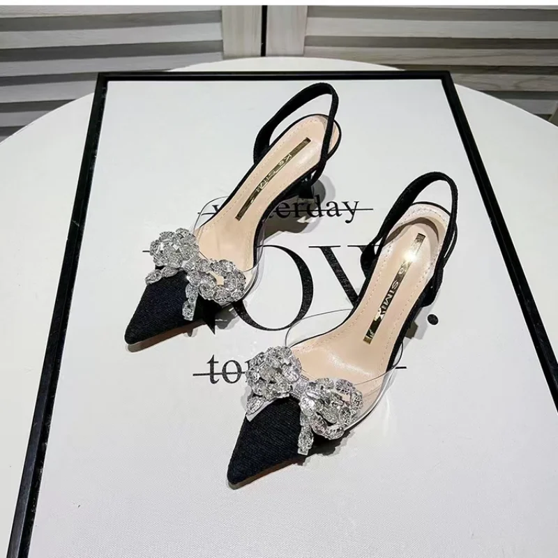 

Summer 2023 Stiletto Sandals for Women Thin Heels Ladies Shoes Clear Footwear Black Transparent Bow Pointed Toe Closed Sale Vip