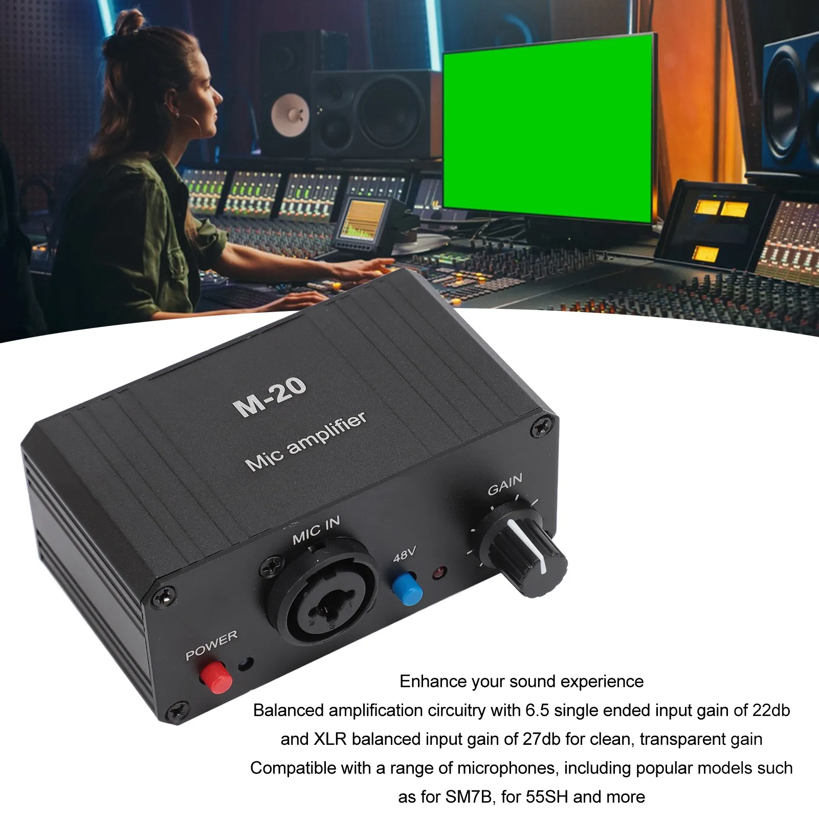 Microphone Preamplifier Microphone Preamp Black Metal Case XLR Output 48V Phantom Power Compact High Gain for Condenser