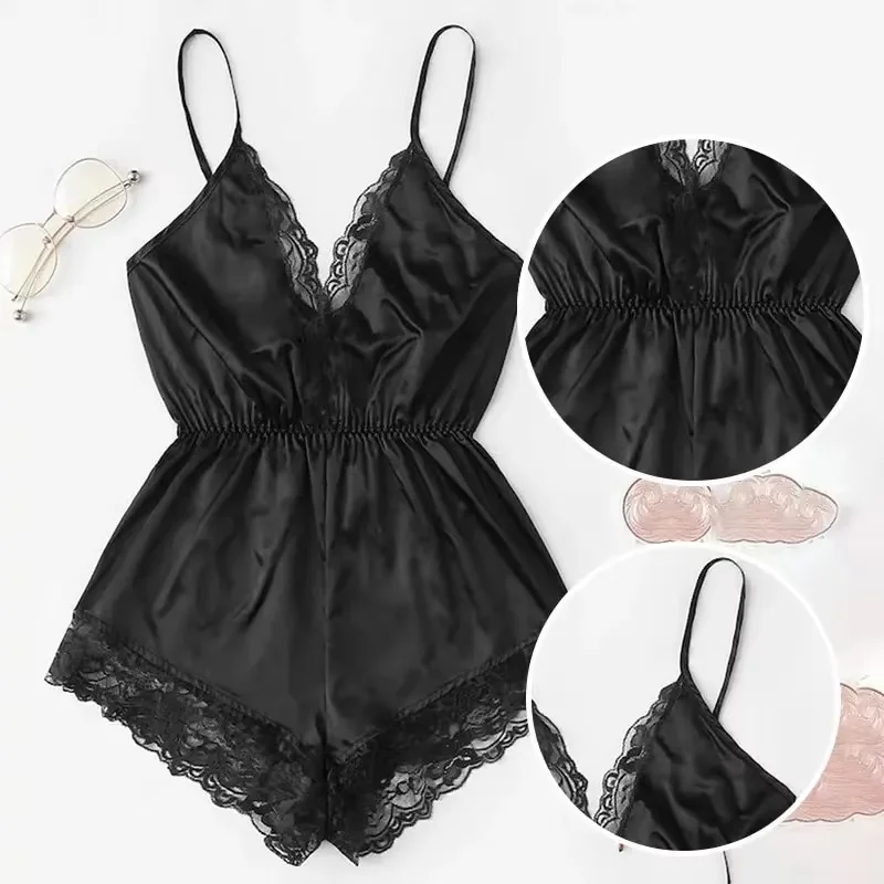 Women Suspender Pajamas V-neck lace patchwork one-piece sleeveless