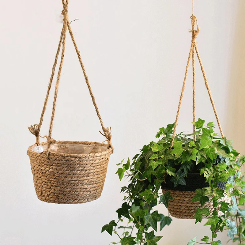 

1PC Rattan Plaited Articles Garden Hanging Planter Indoor Outdoor Flower Pot Holder Straw Woven Hanging Basket Flower Pot