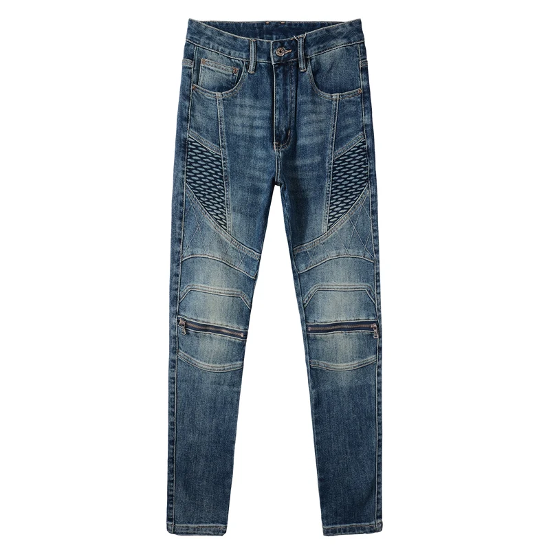 Street Fashion Men Jeans Retro Blue Slim Fit Elastic Spliced Biker Jeans Homme Patch Designer Hip Hop Pants Men Punk Trousers