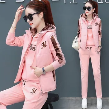2024 Autumn Winter New Women's Casual Sweat Suit Fashion Plush Thickened Hooded Tops Waistcoat Pants 3 Three Piece Set For Women 1