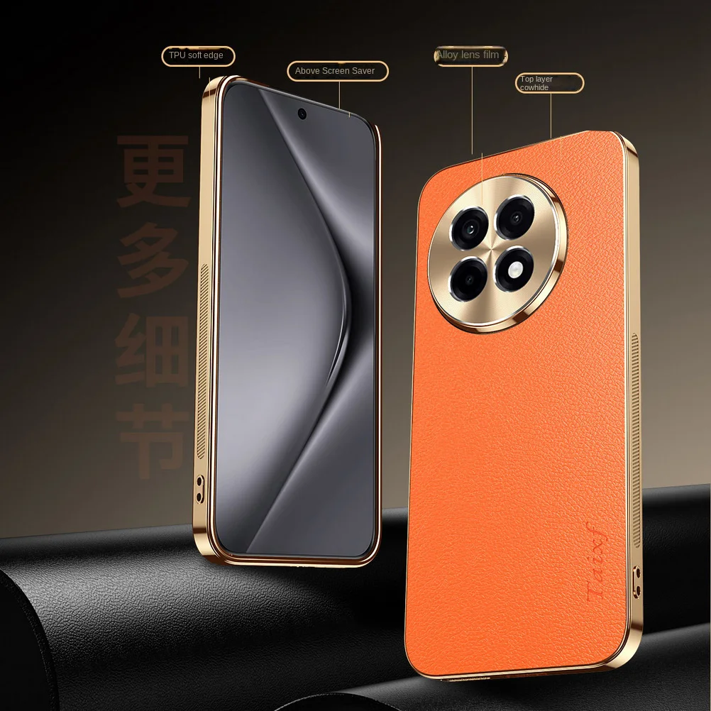 Premium Cowhide Lychee Texture Electroplated Frame Case with Lens Protection