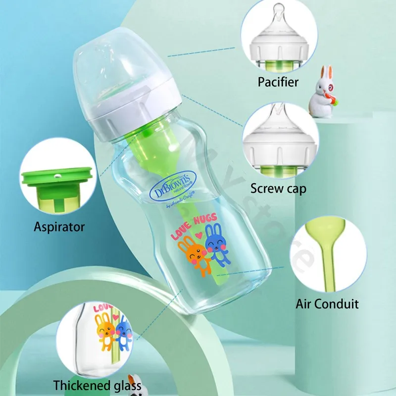 Dr. Brown's Newborn baby glass bottle, wide caliber, anti-flatulence, gas-liquid separation 150ML/ 270ML
