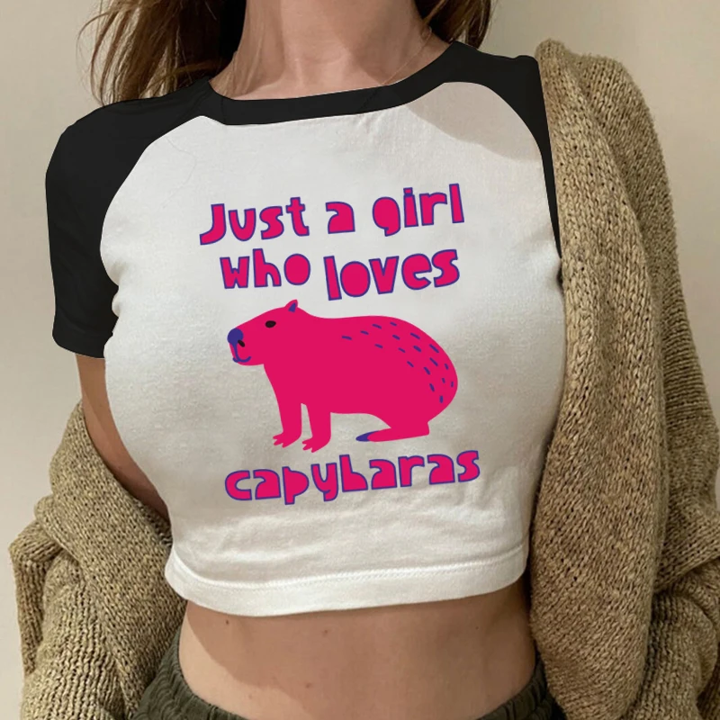 

Just A Girl Who Loves Capybaras Crop Tops Kawaii Capybara Cartoon Print Y2K Baby Tees Fashion O-Neck Casual Women's Short Tshirt