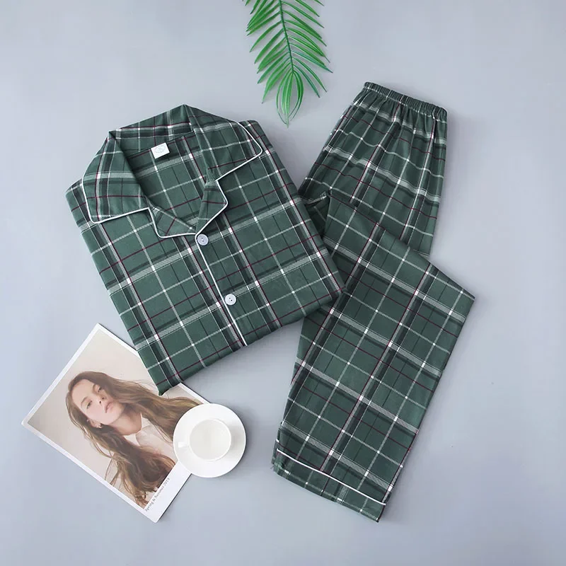 

Pants Men's Set Pajamas Casual Spring Summer Button Shirts Down And Cotton Collar Turn Female Long Plaid Loose Home