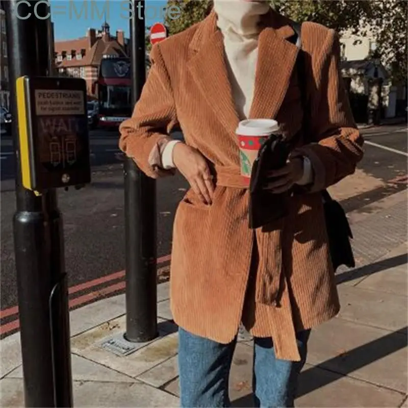 

New Corduroy Blazers Coats for Women Fall Winter Korean Fashion Oversized Jackets with Belt Ladies Chic Outerwear