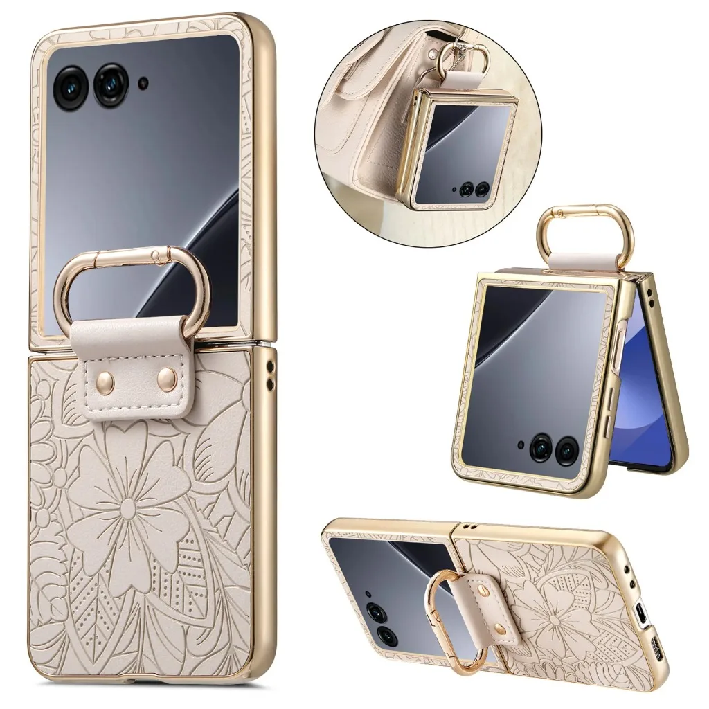 Elegant Embossed Flower PU Leather Phone Case with Ring Buckle - Shockproof & Protective Cover