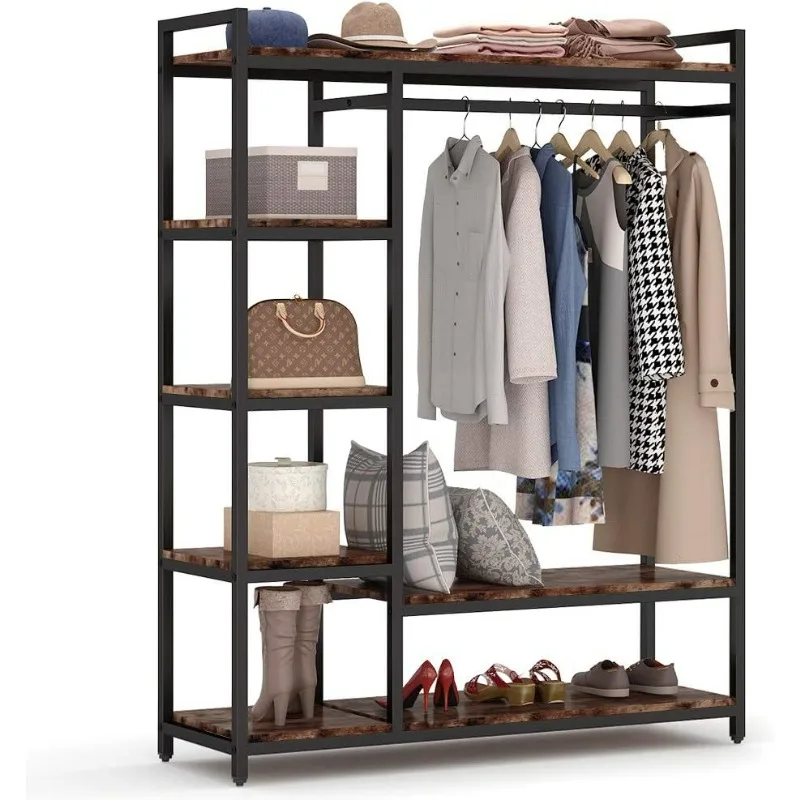 LITTLE TREE Free-standing Closet Organizer, Heavy Duty Clothes Closet, Portable Garment Rack with 6 Shelves and Hanging Rod vertical shoes rack dual adjustment mode skinny shoe rack suit for entryway organizer for small spaces closet hallway corner