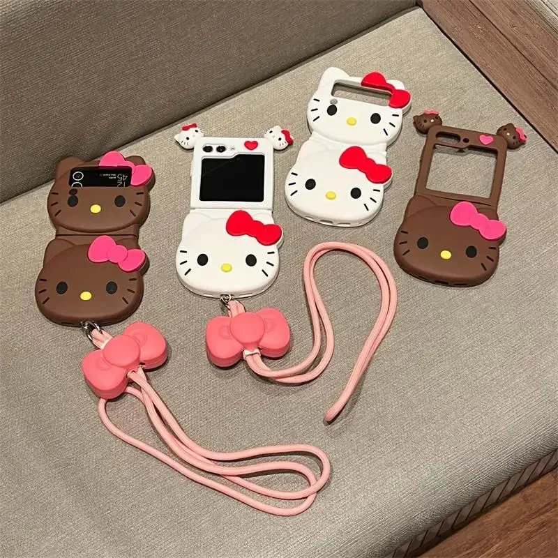 Hello Kitty Sanrio Kuromi Phone Case Folding Screen Protective Cover Anime INS 3D Silicone with Lanyard Anti-fall for ZFlip5 4 3 sanrio kuromi melody earphone case cover for apple airpods 1 2 3 pro generation headphone protective bluetooth case charging box