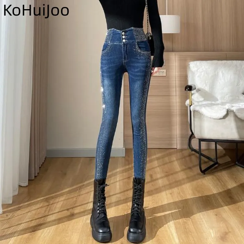 KoHuiJoo Rhinestone Jeans Women 2022 Luxurious Autumn Winter New Stretch Single Breasted Tight Skinny Pencil Denim Trousers men s stretchy jeans skinny slim fit hot drill punk streetwear biker trousers man rhinestone hole denim pencil calf pants