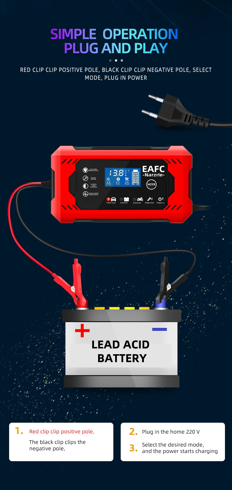 Car Battery Charger, 12V 6A Smart Battery Trickle Charger Auto 12V 24V