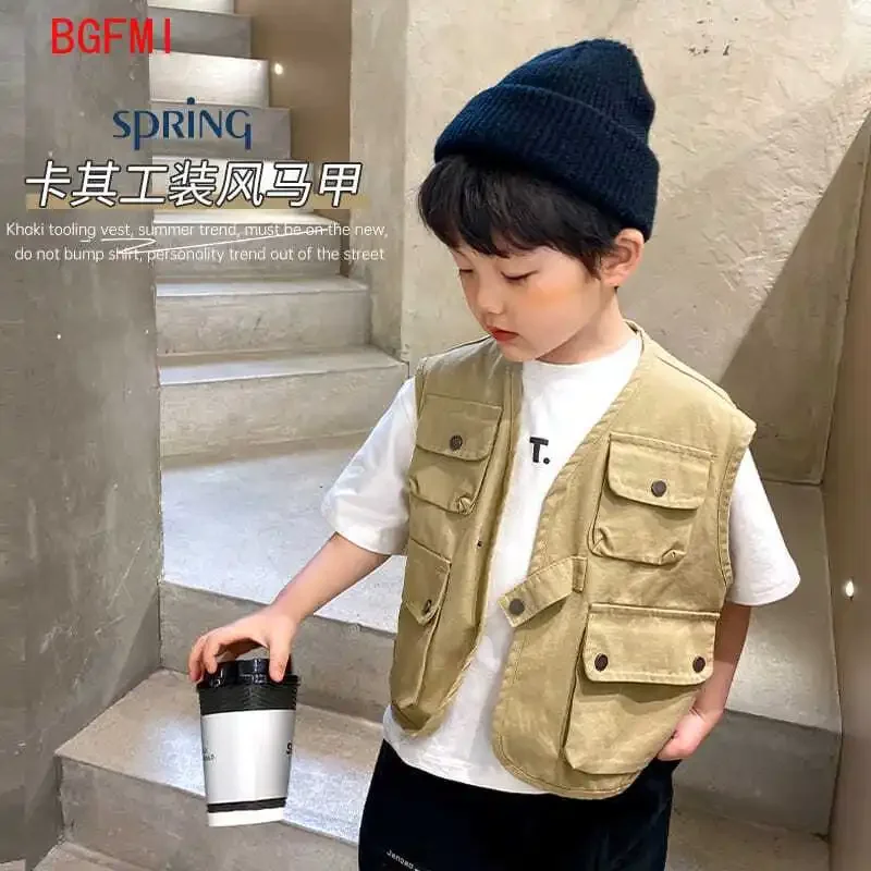 

Teenage Boys Girl Workwear Style Cotton Vest 2023 Spring Autumn New Children's Tank Top Baby Autumn Waistcoat 3-12Y