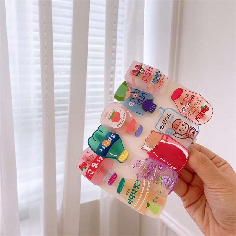 10pcs/set Korean Kids Kawaii Cartoon Animal Drink Bottle Hairpins Girls Acrylic Barrettes Kids Headwear Hair Accessories