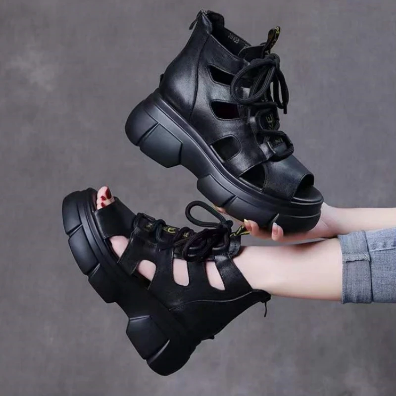 Women Sandals Wedge Sandals Fish Mouth Soft PU Leather And Cowhide Summer Roman Shoes Platform Heighten