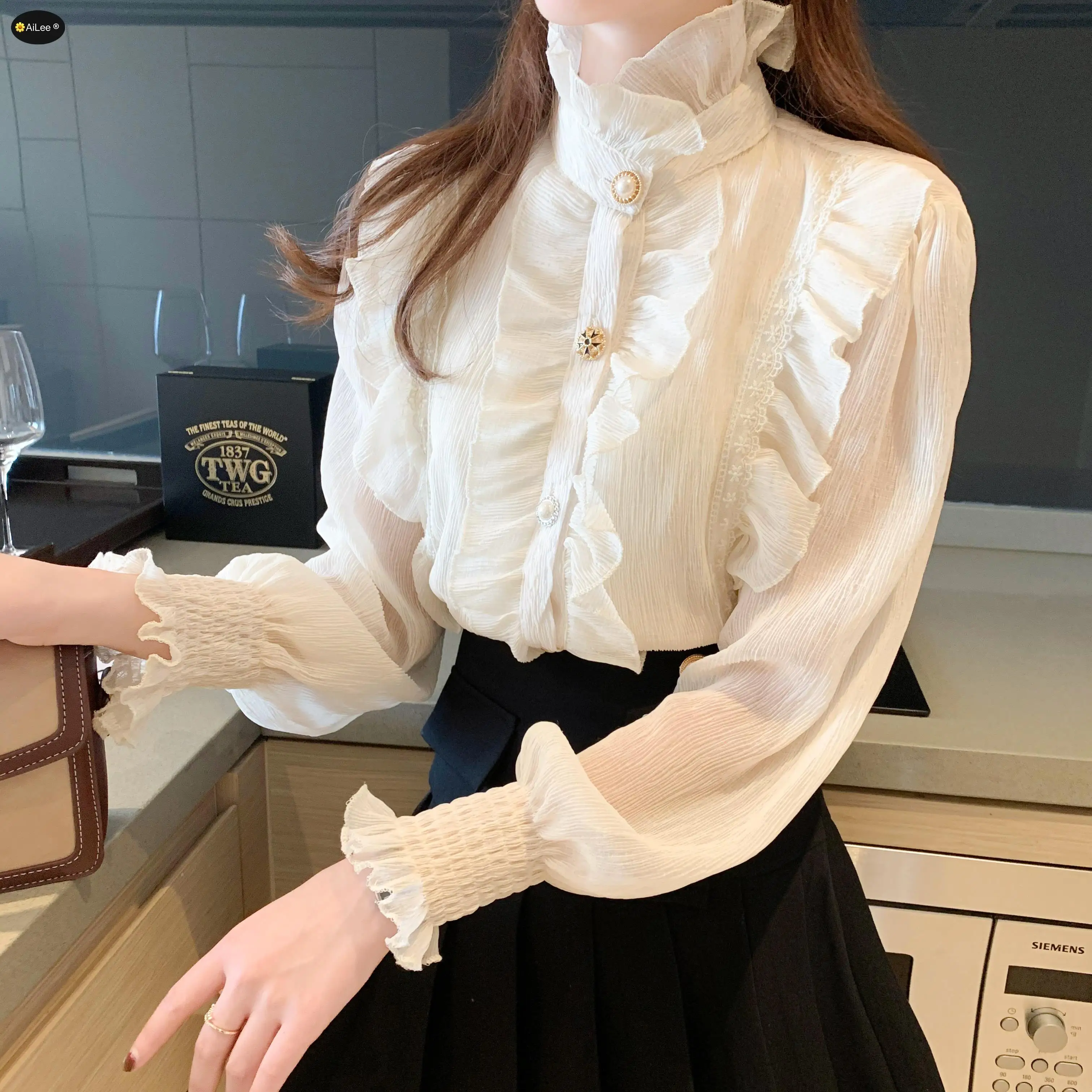 Vintage Ruffles Collar Women Blouses Pearl Buttons Single-breasted Palace Female Tops Shirts Long Sleeve Ladies Wear Shirts autumn winter korean fashion elegant patchwork blazers ladies loose caual all match buttons coat top female jacket women outwear