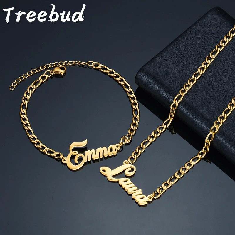 Treebud Custom Name Jewelry Set Stainless Steel Punk Chain for Men Women Personalized Nameplate Pendant Jewelry Gifts