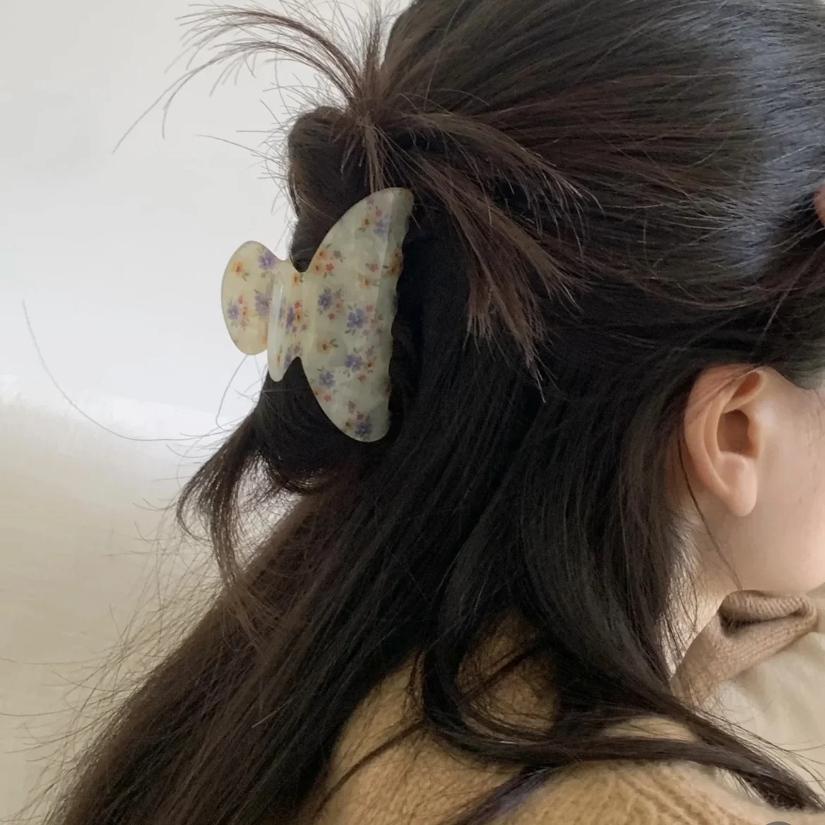 1PC Floral Print Acrylic Hair Claw Clip, Cute Butterfly - Shaped Hair Grip, Sweet Hair Accessory For Women And Girls