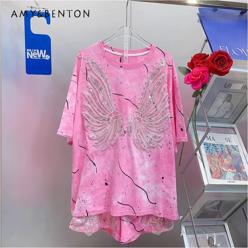 

American Designer 2024 Summer New Heavy Industry Beads Sequined T-shirt Shorts Casual Suit Women's Top And Short Pants Outfits