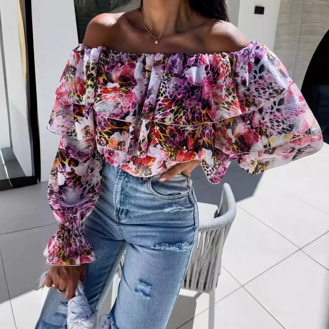 Women Chiffon Off Shoulder Ruffle Blouse