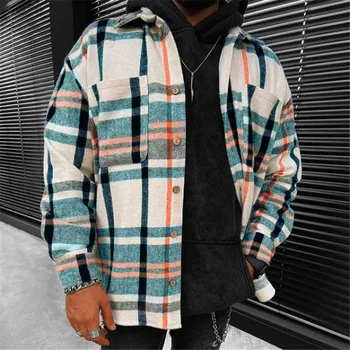 Casual Plaid Shirts Men Spring Autumn Single Breasted Loose Long Lapel Tops Large Size Pocket Flannel Checked Shirts S-3XL 1