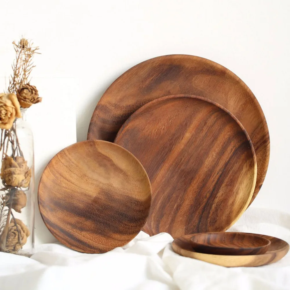 10.5cm Round Wooden Dried Fruit Tray Snack Plate Handcraft Food Dish Tray Walnut Wood Tableware Japanese Kitchen Cake Stand 1pc wooden serving tray kitchen tray