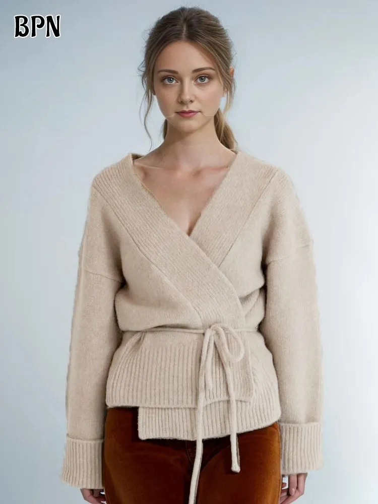 

BPN Vintage Patchwork Lace Up Cardigan For Women V Neck Long Sleeve Solid Casual Loose Knitting Sweater Female Spring Clothing