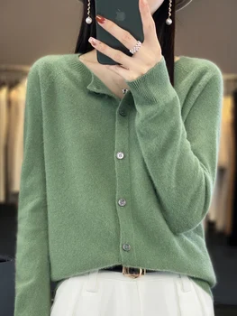 Women's Fashion Merino Wool Sweater Knitted Cashmere Cardigan Basic O-Neck Top for Spring Autumn