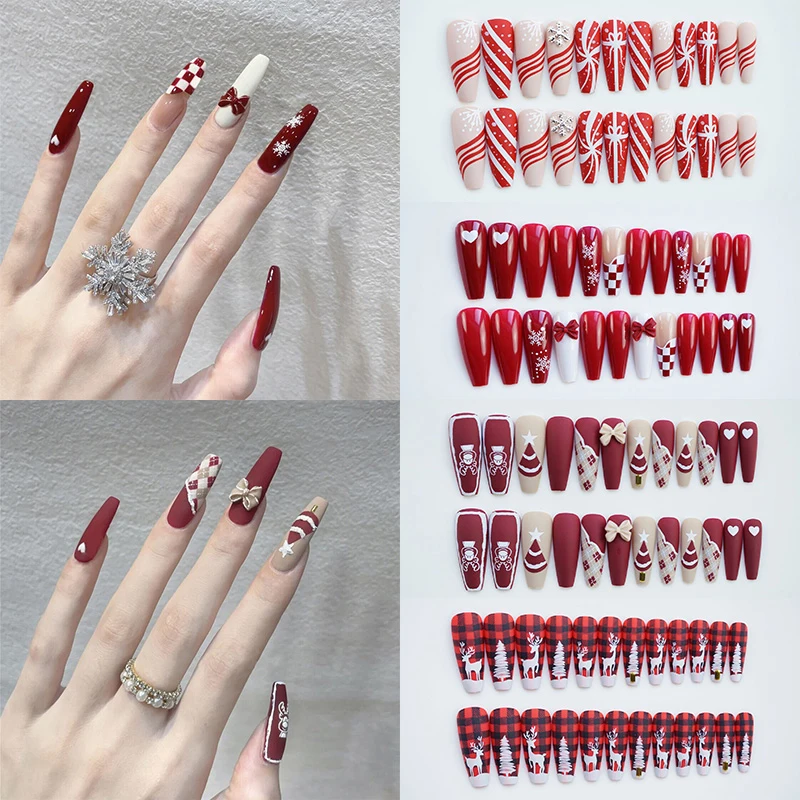 

24pcs/Box Christmas red Elk Snowflake Fake Nails Artificial Long Square Press on Acrylic Nails Tips False Coffin Nail