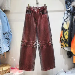 2023 New Women Cargo Pants Red Wine Wide Leg trousers Broken Holes Grunge Punk Painted Casual Empire Long Denim Capris Jeans
