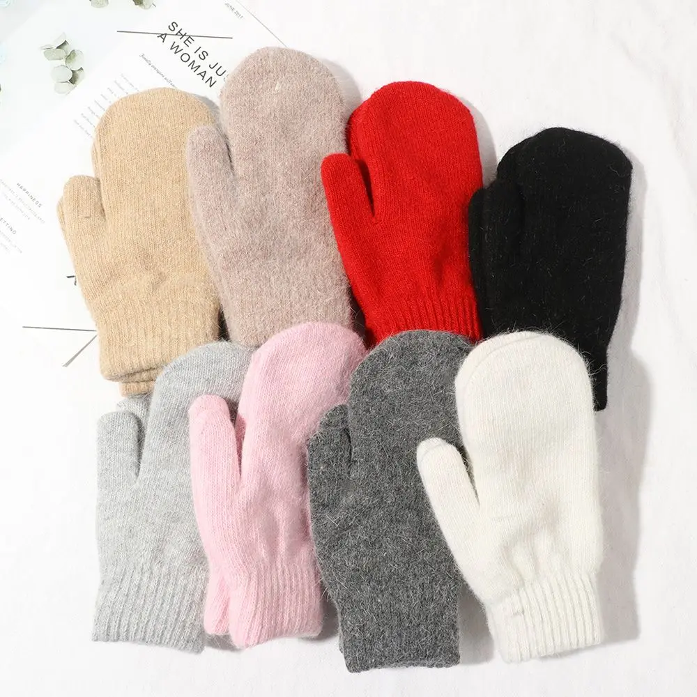 Fashion Solid Color Plush Double Layer Winter Gloves All Fingers Rabbit Hair Mittens