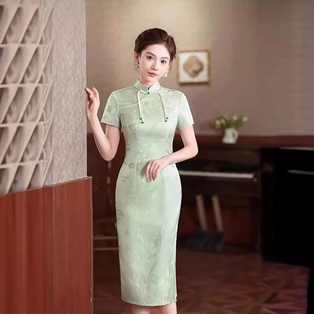 

Yourqipao Summer Improved Long Cheongsam Young Girls Elegant Fashion Fresh Qipao Chinese Style Evening Dress for Women Party