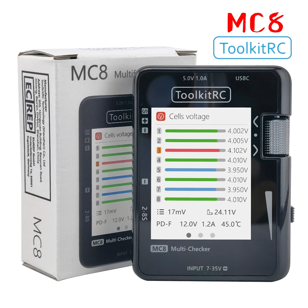 ToolkitRC MC8 SC100 Mini Size Cell checker 32 Bit Battery Multi-Checker PWM Output PPM SBUS Readout With USB-C Fast Charging 1