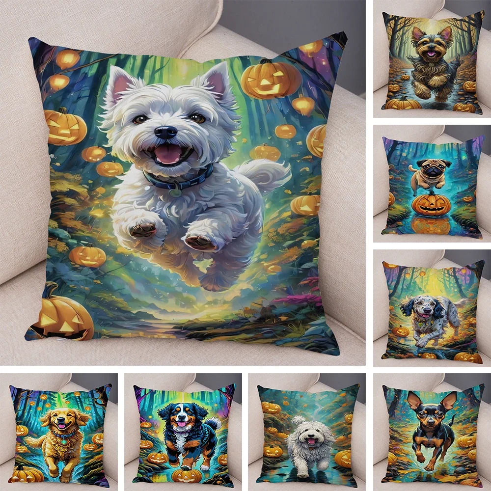 

Симпатичный мультяшный чехол для подушки с тыквой и собакой, двойной принт, декор для домашних животных на Хеллоуин, короткая плюшевая наволочка для дивана, дома