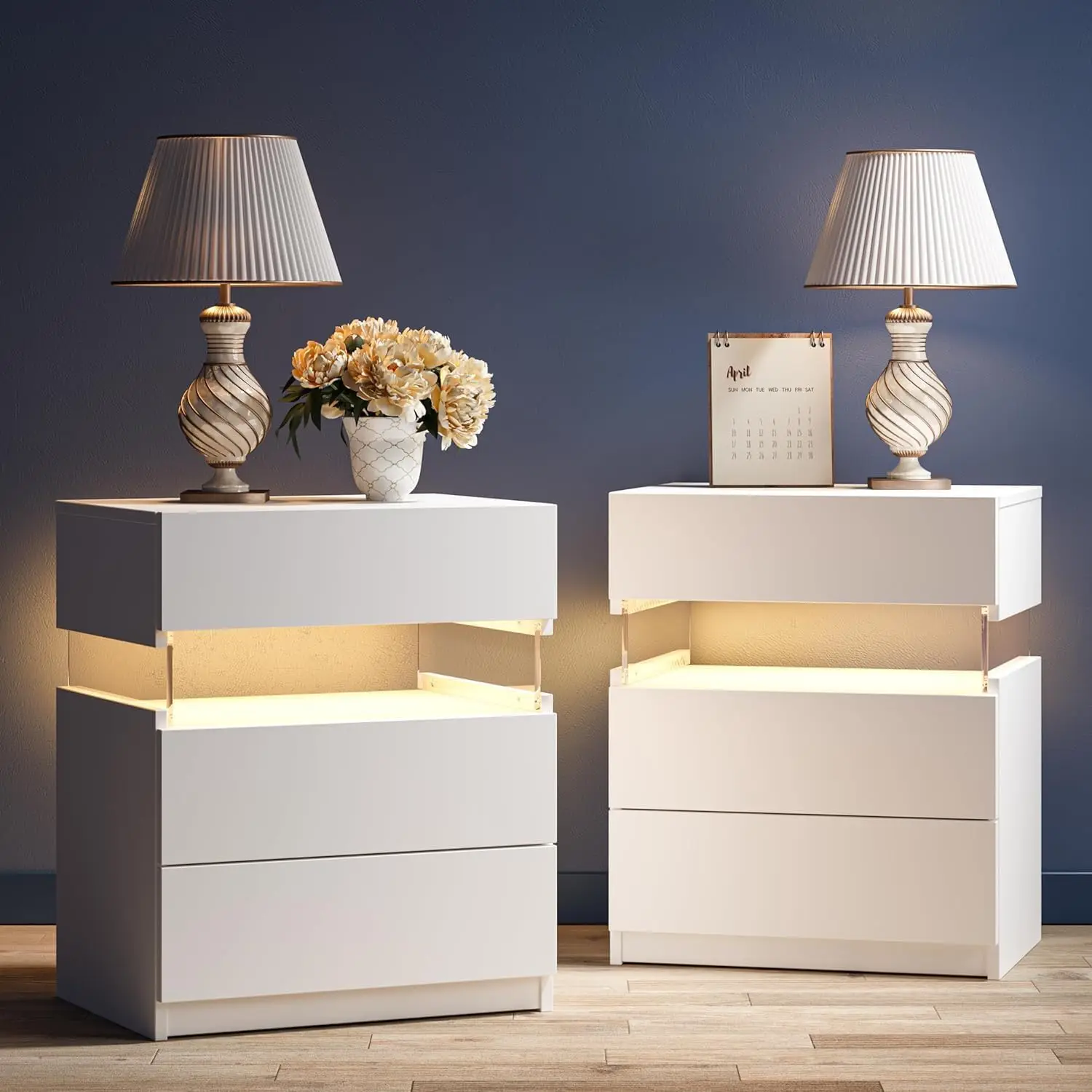 White Nightstands Set of 2 LED Nightstand White with Drawers Set of 2 Bedside Tables LED Lights for Bedroom Living Room