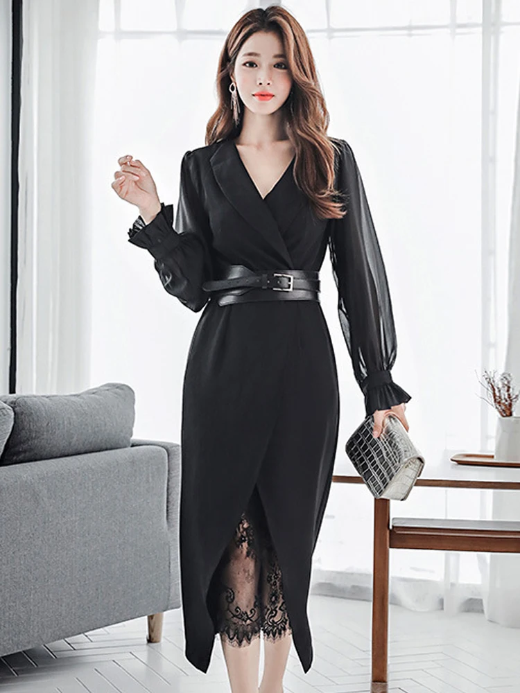 

Elegant Formal 2 Pieces Outfits Women Professional V Neck Lantern Sleeve Midi Dress Robe Vestidos Sexy Sheer Lace Party OL Sets