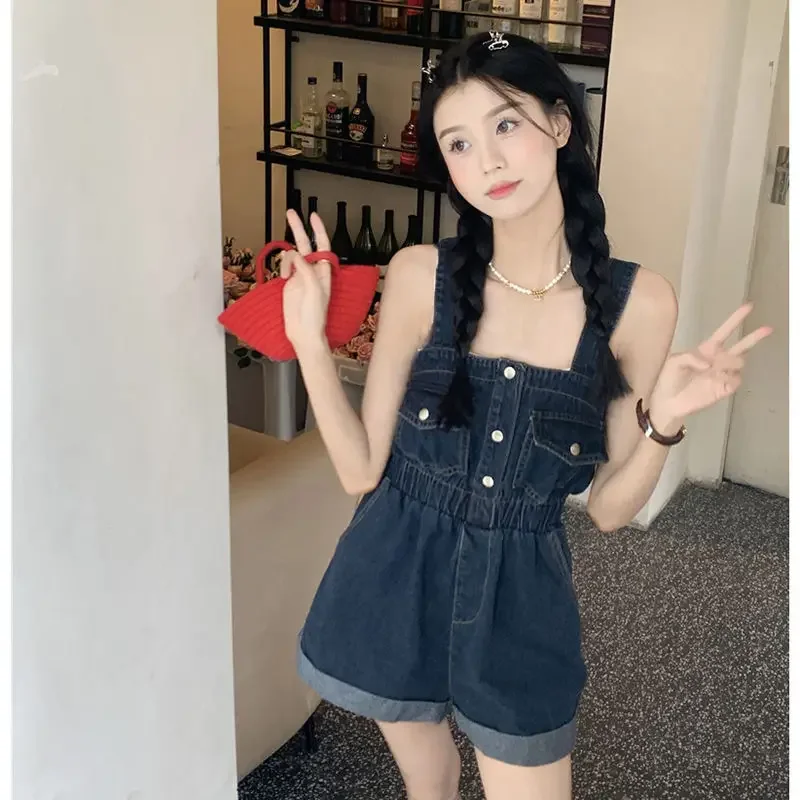 

Denim strappy shorts female summer 2024 new retro workwear design sense waisted thin rolled wide-leg trousers