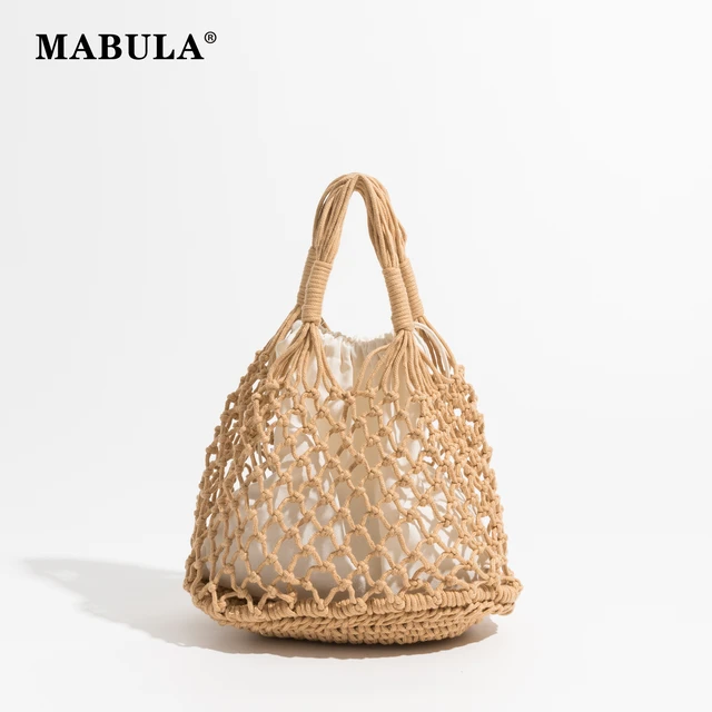 MABULA Summer Fishing Net Bag for Women Cotton Rope Woven Travel Beach  Handbag Solid Fashion Crochet Knited Tote Shopping Purse - AliExpress