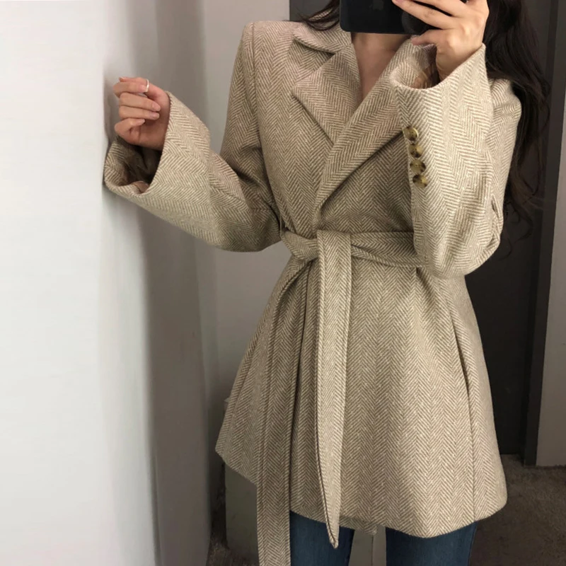 

2023 Winter Thicken Woolen Jacket Women Lace-up Turn-down Collar Vintage Blend Coats Female Khaki Korean Design Outerwear Autumn