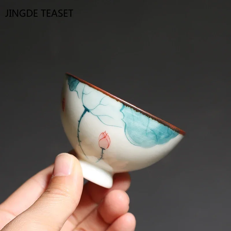 Chinese Ceramic Teacup Hand painted lotus pattern Tea Bowl Master cup Personal Single Cup Small tea cups travel Teaware